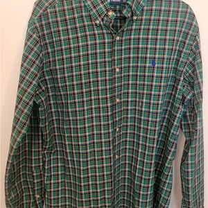 Ralph Lauren Green Plaid Button-Down Shirt with Blue Logo